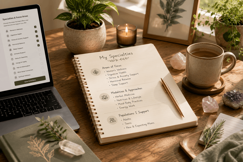 Practitioner choosing specialties in a warm organized workspace