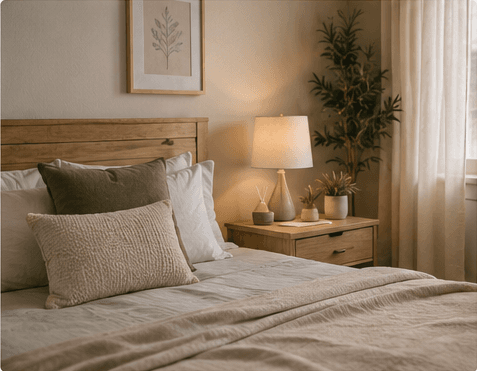 A calm bedroom environment with soft lighting and natural textures