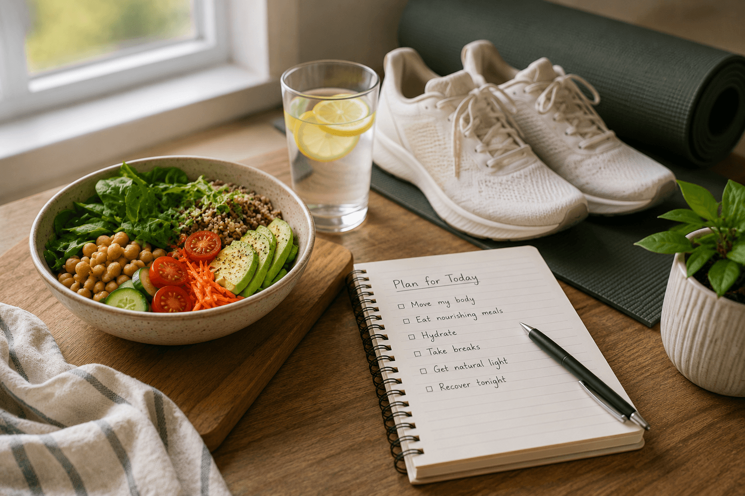 A nourishing meal, water, movement gear, and daily planning tools that support energy