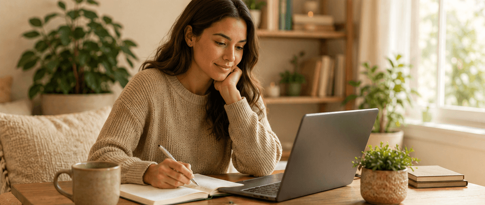 Person thoughtfully reviewing wellness support options in a warm home setting