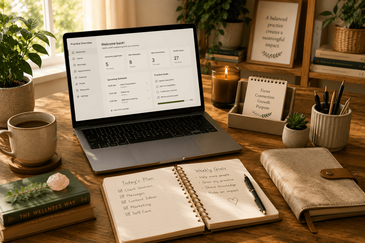 Warm organized practitioner workspace for managing client communication